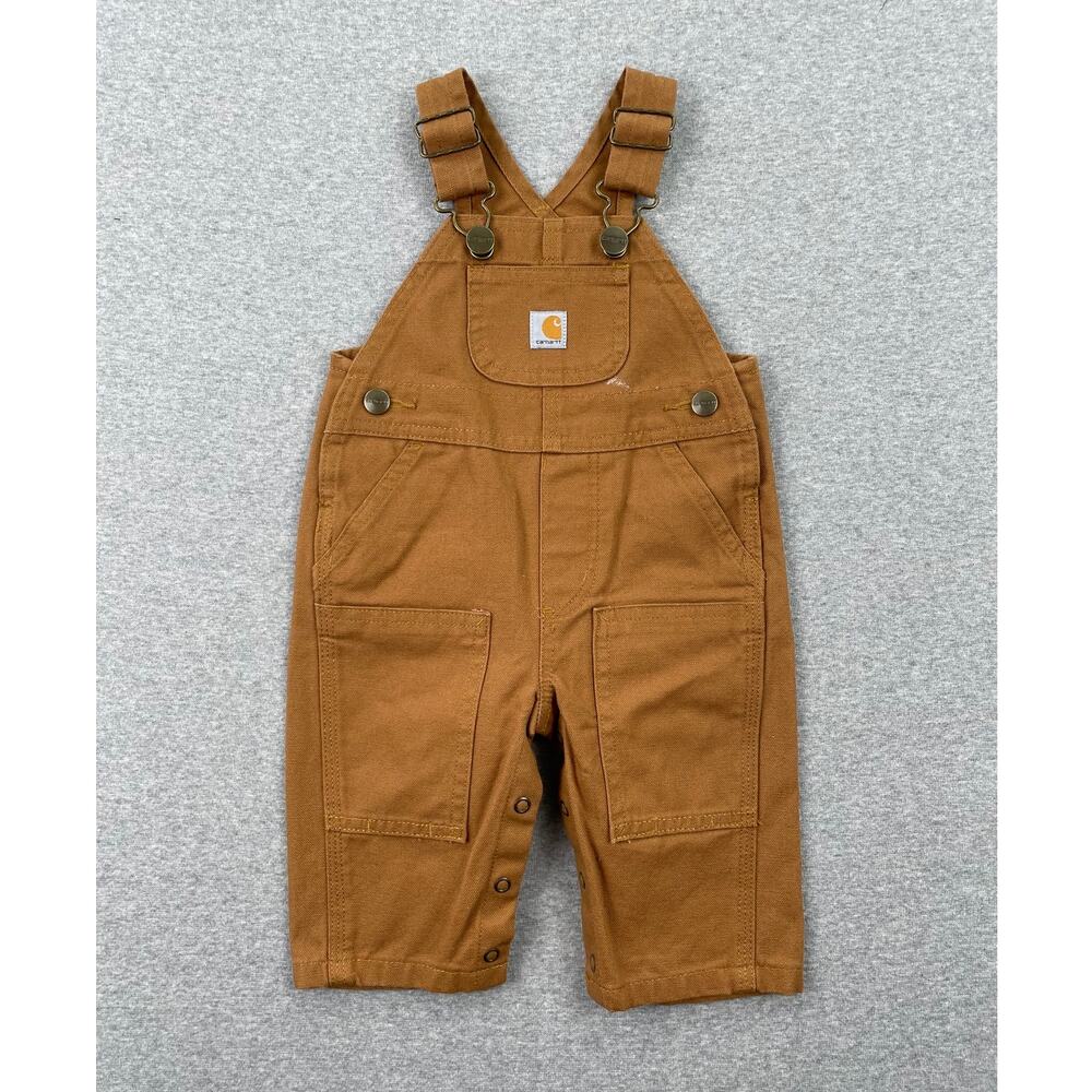 Carhartt Baby Canvas Bib Overalls 3M Brown 100% Cotton Leg Snaps Pocket Patch
